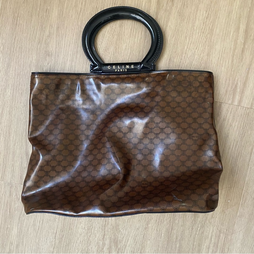 Vintage Brown + Black Celine Triomphe Patent Tote Top Handle Bag